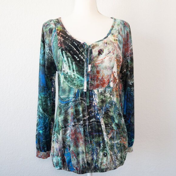 Desigual Abstract Print Long Sleeve Top Large Multicolor Boho Artsy Blouse - Picture 1 of 11